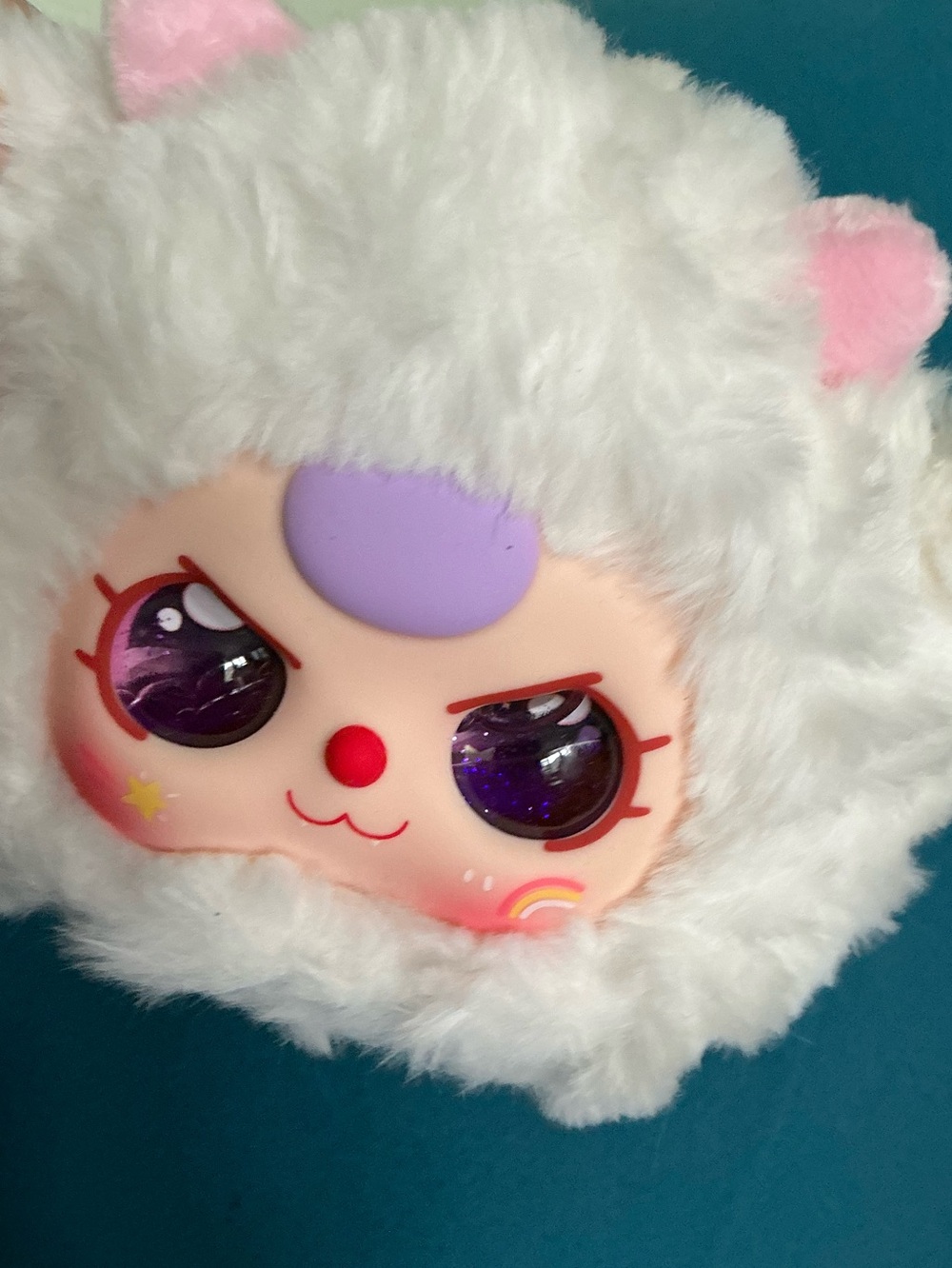Plush White Lamb Face Zip Pouch, with purple glitter liquid eyes